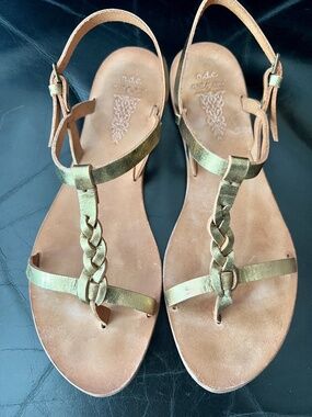 n.d.c. Made by Hand Sandals Women 40 T-Strap Distressed Gold Slingback Spain